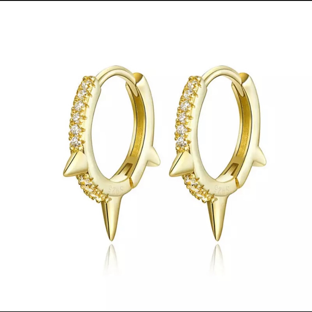 14K Yellow Gold over 925 Sterling Silver with CZ Small Round Spike Huggie Hoops